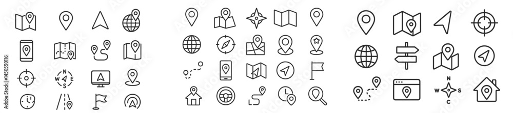 Fototapete Collection of web icons featuring various navigation and location symbols in line design for digital interfaces