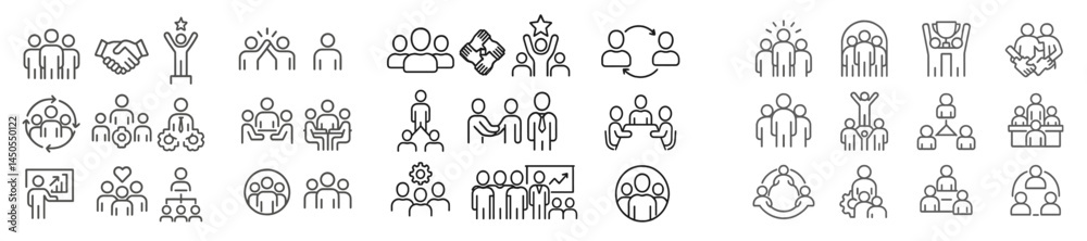 Poster Set of web icons in line style representing community, teamwork, and collaboration activities across various contexts