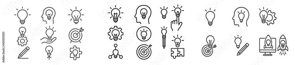 Poster line style web icons depicting creativity, innovation, and ideas for digital projects and applicatio