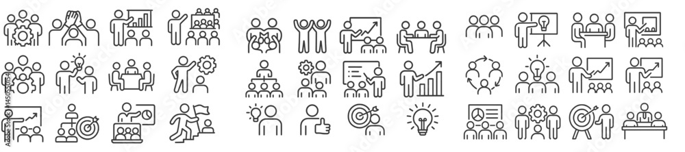 Poster Collection of line style web icons representing teamwork, communication, and business concepts
