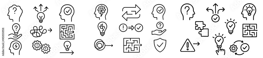 Poster Collection of web icons illustrating concepts like innovation, problem solving, and decision making in a clear line style