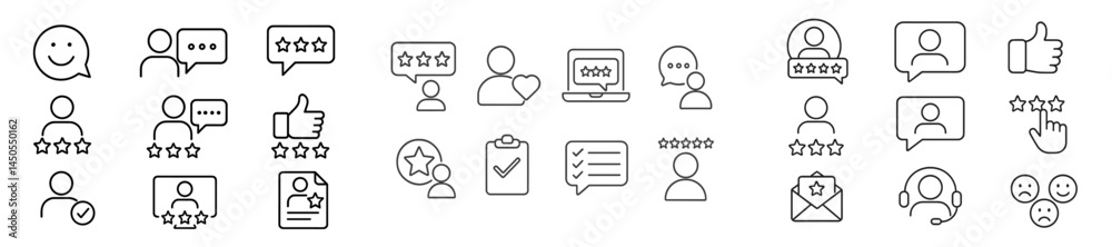 Poster Collection of web icons in line style for user feedback, ratings, and communication
