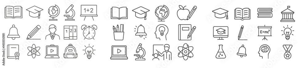 Poster set of line style web icons representing education, science, and technology themes for online applic