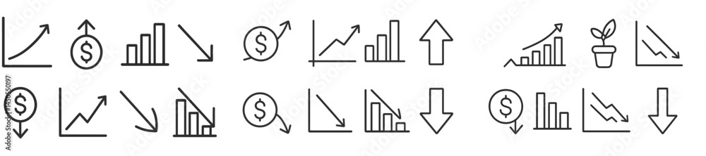 Poster Collection of web icons in line style representing growth, decline, and financial metrics for digital design