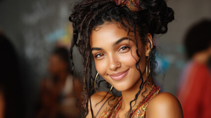 Girl smiling in crowded place — a detailed and modern 3D-style concept ideal for tech visuals, infographics, marketing materials, and futuristic digital presentations.