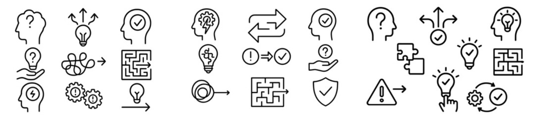 Collection of web icons illustrating concepts like innovation, problem solving, and decision making in a clear line style