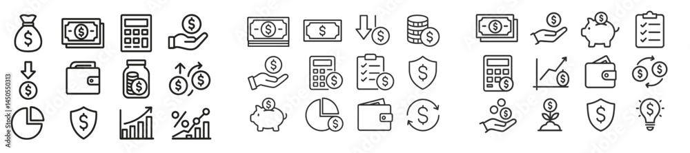 Aufkleber collection of web icons featuring financial and business themes designed in a clean line style