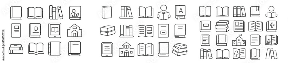 Poster Set of web icons featuring line style representations of various types of books and reading materials suitable for digital interfaces