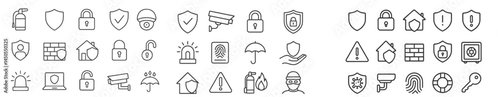Poster Collection of line style web icons representing security, protection, and monitoring for design and development use