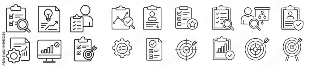 Poster Line style web icons representing various business and analysis functions with a focus on efficiency and productivity