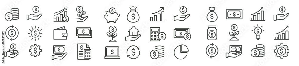 Poster set of web icons in line style representing finance, money management, and investments for digital a