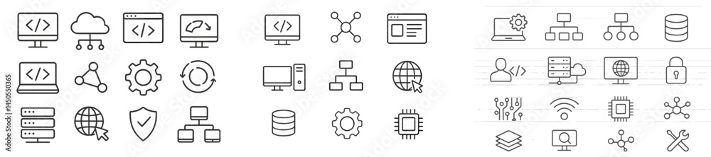Poster Set of web icons showcasing line style designs for technology and online applications