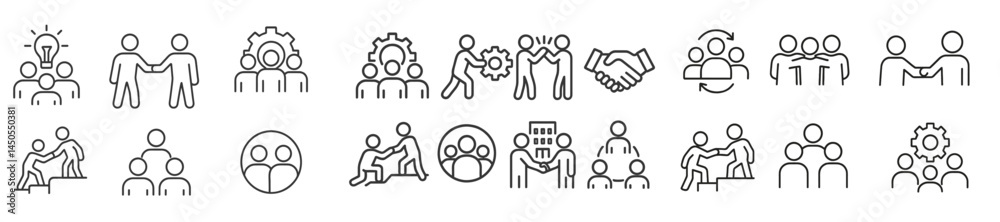 Aufkleber line style web icons for various collaborative and business activities showcasing teamwork, engageme