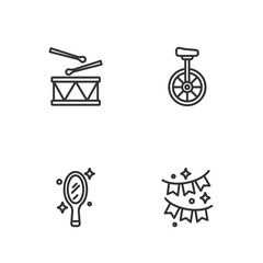 Set line Carnival garland with flags, Magic hand mirror, Drum drum sticks and Unicycle icon. Vector