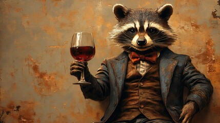 Raccoon character wearing formal suit, holding wine glass with red liquid. Elegant animal in clothing on a transparent background, PNG image, PNG file.