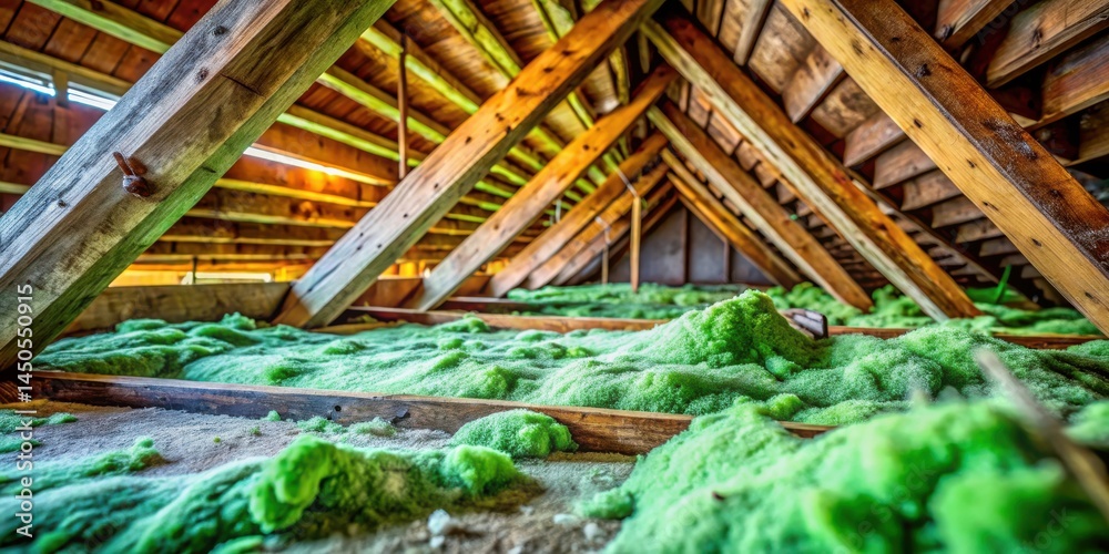 Poster A close-up view of the attic insulation, revealing a layer of green fiberglass batting, which is sitting in the middle of the wooden beams, creating a unique texture and an array of light and shadow