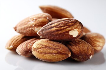 A close-up studio shot of a heap of raw almonds, displaying their natural texture and rich brown color against a bright, clean white background for healthy snack ideas.