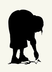 Vector drawing. Old woman in the field