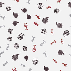 Set line Sun, Garden hose, Flower tulip and Shovel on seamless pattern. Vector