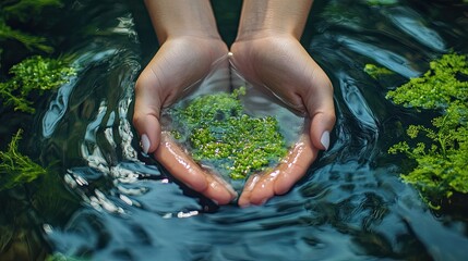Hands holding green algae in water, promoting environmental conservation, clean water, and sustainable practices for nature and eco-conscious stock photos.