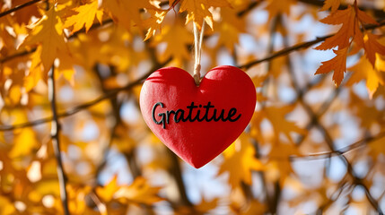 Heart that says Gratitude, hanging in a tree with fall, autumn colored leaves, Thanksgiving theme