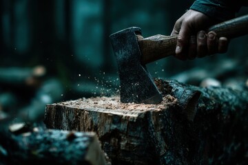 A close-up shot of a hand holding an axe chopping wood in a forest environment, showcasing the labor intensive process and rustic lifestyle and lumbering.