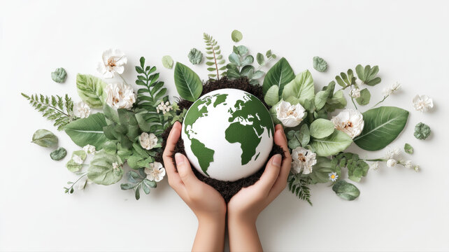Globe in Hands Surrounded by Plants, Sustainability Theme — a detailed and modern 3D-style concept ideal for tech visuals, infographics, marketing materials, and futuristic digital presentations.