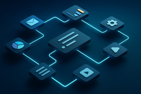 N8n : Futuristic workflow diagram with glowing blue lines connecting various 3D icons representing email, charts, settings, and media dark digital