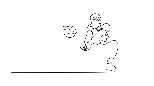 Animated self drawing continuous line draw strong male volleyball player libero bumping a ball and practicing at indoor court. Team sport member in action on game play. Full length one line animation