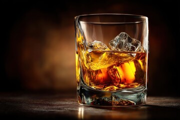 Close-up of a glass of amber whiskey with ice cubes, placed on a dark wooden surface, lit dramatically to enhance the rich color and texture, elegant presentation.