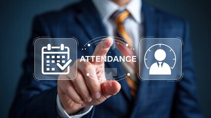 Businessperson selecting attendance system interface.