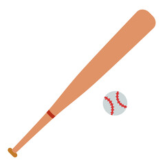 Baseball bat and ball. Simple sports equipment design for team games and athletic themes. Modern vector illustration isolated on white background, hand drawn, flat design