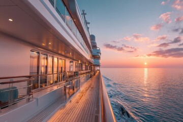 Luxury yacht sailing on the ocean at sunset with warm light reflecting off the windows, offering a tranquil view of the open sea and peaceful horizon line.
