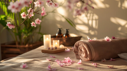 serene and inviting spa setting designed to promote relaxation and tranquility, evoke feelings of calmness and well-being, typical of a spa or wellness retreat.