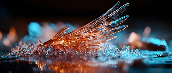 A stunning macro shot of ice crystals lit with amber and teal hues. Use it for abstract art promotional graphics or a website background.