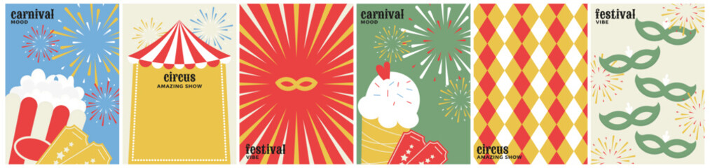 set carnival circus retro poster. minimalistic design with festival food, tent, firework and mask © yatsan lee