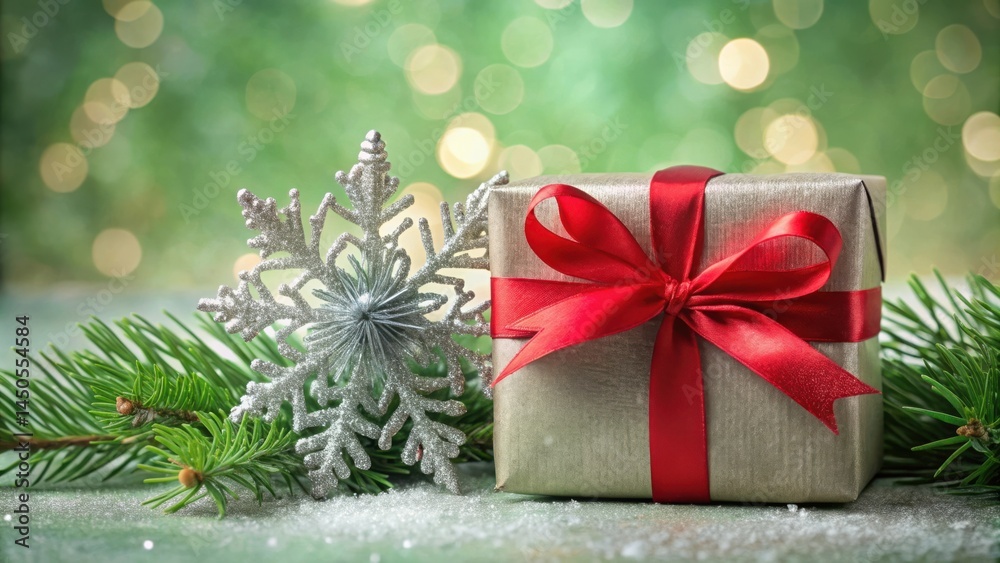 Poster a festive silver gift box adorned with a vibrant red ribbon nestled amidst a snowy forest scene, wit