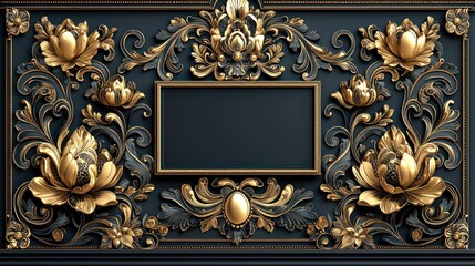 Ornate gold frame on dark decorative floral wall