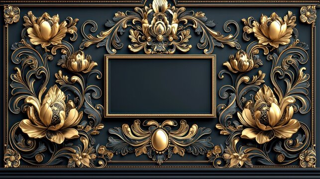 Ornate gold frame on dark decorative floral wall