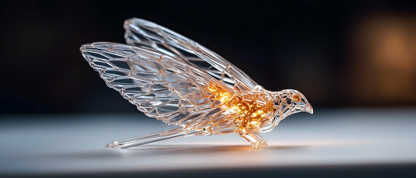 A stunning glass bird sculpture. Its intricate design with glowing internal lights is perfect for home decor or a unique gift. Enhance your space with this exquisite art. - Powered by Adobe