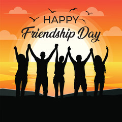 Happy International Friendship Day Post Template. Greeting card, Happy friendship day, Back view of people hugging together, Vector illustration.