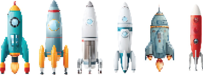 Set of pixel rockets of different shapes and colors