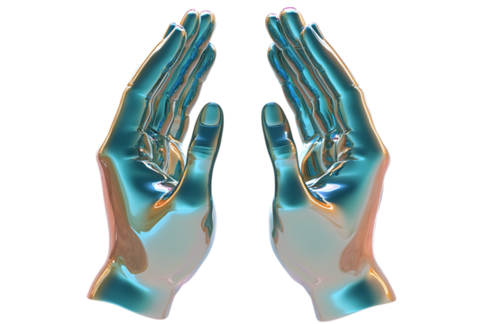 "3D glossy hands in a mirrored pose with iridescent blue and orange gradient finish"

