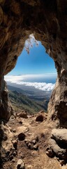 Cave opening to vast mountain vista