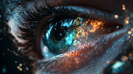 A mesmerizing image showcasing an eye filled with celestial elements. Suggests themes of wonder dreams and cosmic awareness. Suitable for fantasy art book covers.
