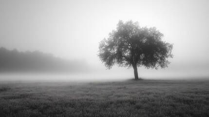 Misty monochrome landscape featuring solitary tree.