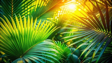 Obraz premium Luminous Sunlight Filtering Through Vibrant Palm Fronds, Creating a Natural Tapestry of Green and Gold