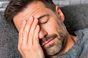 Fototapeta premium A tired man with a beard covering his face with his hand, feeling stressed and overwhelmed, resting on a couch while taking a moment to deal with the problems.