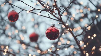 Beautiful red Christmas ornaments on tree branches