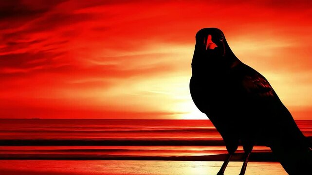 Raven silhouette sunset beach scene